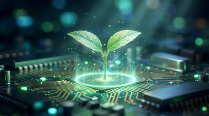 Green Technology Concept with Sprout Growing on Glowing Microchip