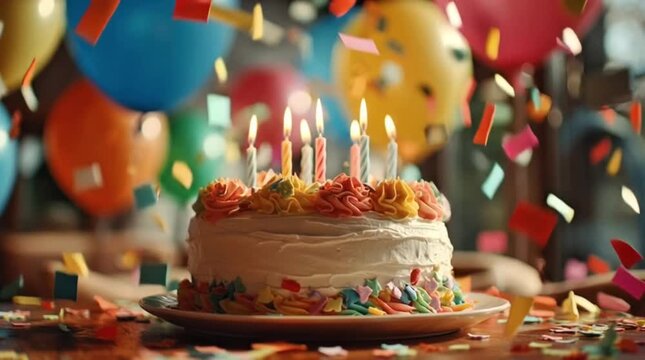 Vibrant birthday cake with flickering candles, surrounded by colorful confetti and festive balloons, symbolizing joy and celebration for a special occasion