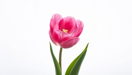 Fototapeta premium Bright Pink Tulip Flower in Full Bloom with Yellow Center Hyperrealistic Isolated on White Background