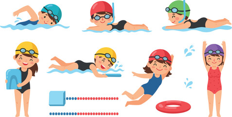 Kids swimming illustration set with children swimmers, goggles, snorkel, kickboard and pool accessories