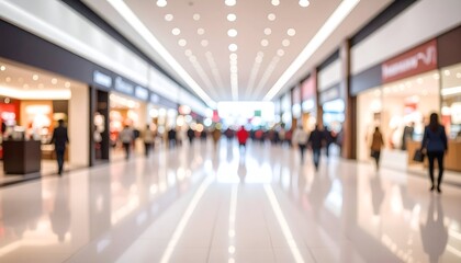 A blurred view of a modern shopping mall showcasing various stores and crowds of people