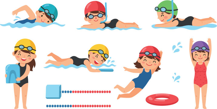 Kids swimming illustration set with children swimmers, goggles, snorkel, kickboard and pool accessories