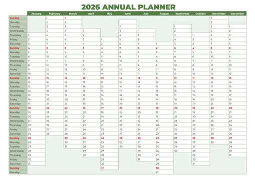 2026 Annual Planner Calendar in English - Green Grid Layout