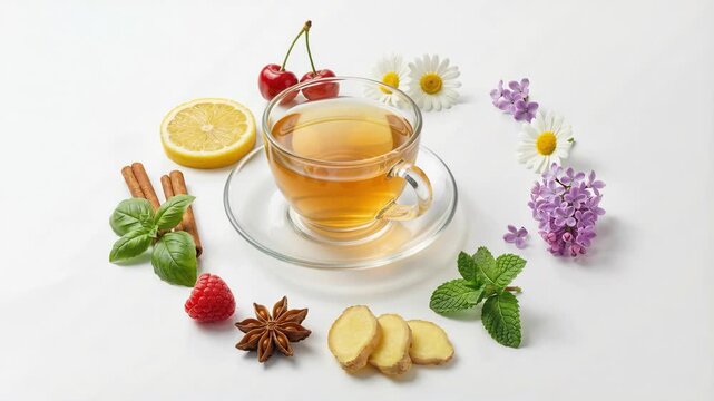Cup of herbal tea sits on clear saucer surrounded by fresh herbs, sliced citrus, berries, spices and small flowers to convey natural wellness and flavor. White background offers ample space for text a