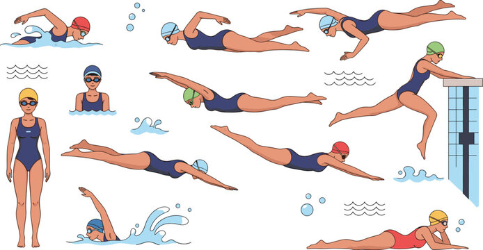 Female swimmer training pose set with freestyle stroke, diving start and pool action illustrations