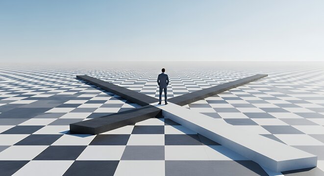 A person stands alone on a giant chessboard where the path splits into black and white directions The environment symbolizes strategy logic and careful thinking The figure pauses before choosing a