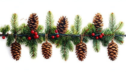 Fototapeta premium A festive arrangement of pine cones and green branches with red berries on a white background