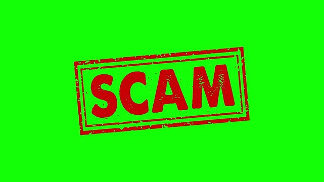 Scam rubber stamp animation. scam texture text Up to down motion graphics. stamp zooming and hit effect 4k video.