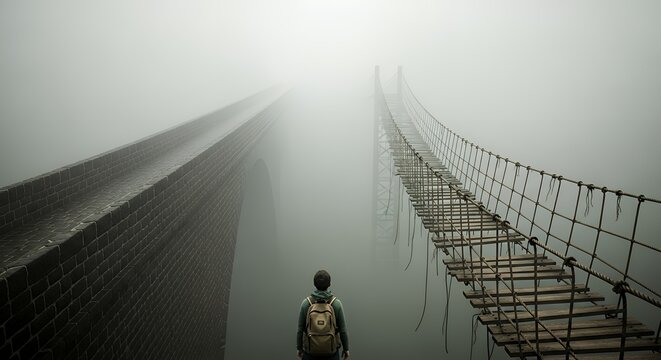 A person stands between two bridges one solid and wide the other narrow and fragile Mist surrounds the scene adding uncertainty The figure pauses before choosing Symbolic visual for risk assessm