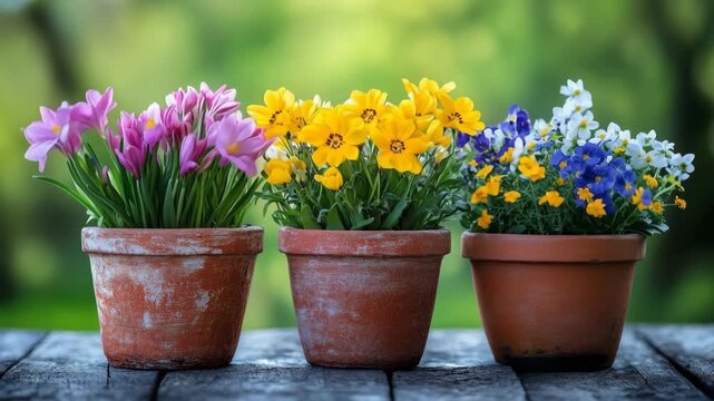 Three rustic terracotta pots with blooming spring flowers sitting on a wooden table outdoors