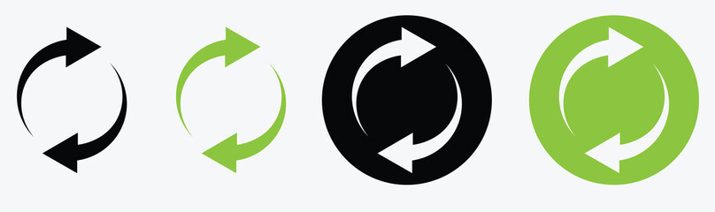 Set of circular refresh and repeat icons in black and green, symbolizing cycle, loop, sync, and update actions. Modern vector graphics for interfaces.