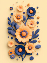 A vibrant 3D clay-style bouquet featuring cute pastel flowers and textured leaves. The artistic composition uses an orange backdrop with blue and green accents for a cheerful, tactile feel.
