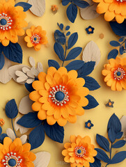 A vibrant 3D clay-style bouquet featuring cute pastel flowers and textured leaves. The artistic composition uses an orange backdrop with blue and green accents for a cheerful, tactile feel.
