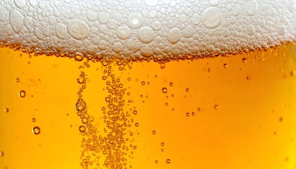 Close-up view of beer with bubbles rising through golden liquid topped with creamy foam