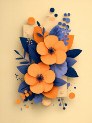 A vibrant 3D clay-style bouquet featuring cute pastel flowers and textured leaves. The artistic composition uses an orange backdrop with blue and green accents for a cheerful, tactile feel.
