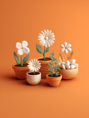 A vibrant 3D clay-style bouquet featuring cute pastel flowers and textured leaves. The artistic composition uses an orange backdrop with blue and green accents for a cheerful, tactile feel.
