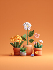 A vibrant 3D clay-style bouquet featuring cute pastel flowers and textured leaves. The artistic composition uses an orange backdrop with blue and green accents for a cheerful, tactile feel.
