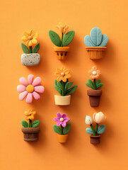 A vibrant 3D clay-style bouquet featuring cute pastel flowers and textured leaves. The artistic composition uses an orange backdrop with blue and green accents for a cheerful, tactile feel.
