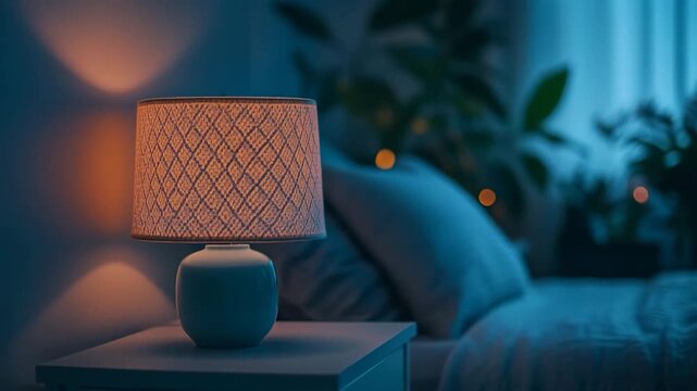 Warm light from a bedside table lamp illuminating a cozy bedroom interior at night
