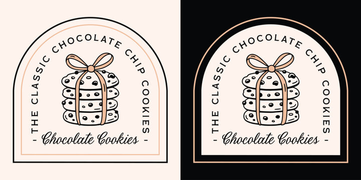 Chocolate chip cookies classic flavor label logo sticker badge tag packaging design retro vintage fancy aesthetic. Homemade cookie stack with bow outline drawing bakery style illustration text print.