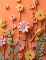 A vibrant 3D clay-style bouquet featuring cute pastel flowers and textured leaves. The artistic composition uses an orange backdrop with blue and green accents for a cheerful, tactile feel.
