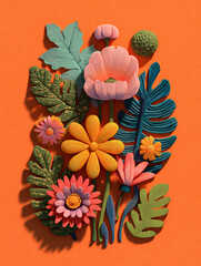 A vibrant 3D clay-style bouquet featuring cute pastel flowers and textured leaves. The artistic composition uses an orange backdrop with blue and green accents for a cheerful, tactile feel.
