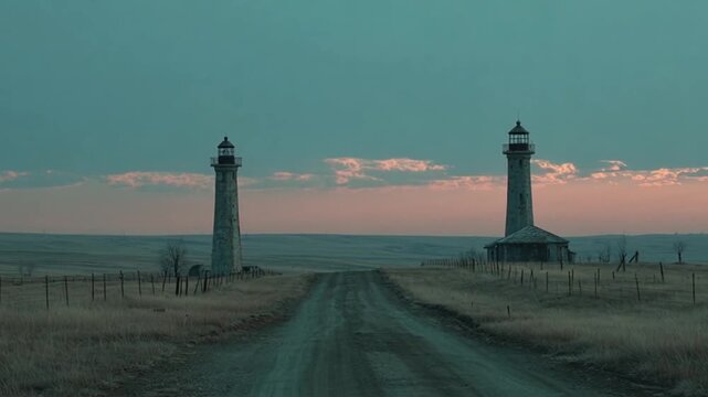 A gravel road leads to two towering lighthouses under a pastel sunset. The scenery is desolate