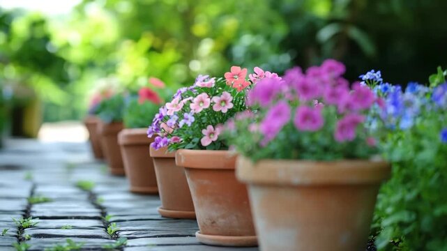 Beautiful terracotta pots with colorful blooming flowers standing in a row on a garden path