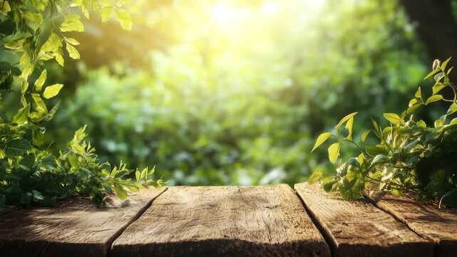 Empty rustic wooden table with a blurred green forest background illuminated by a bright sunbeam