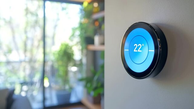 Person setting the temperature on a modern smart home thermostat with a touchscreen
