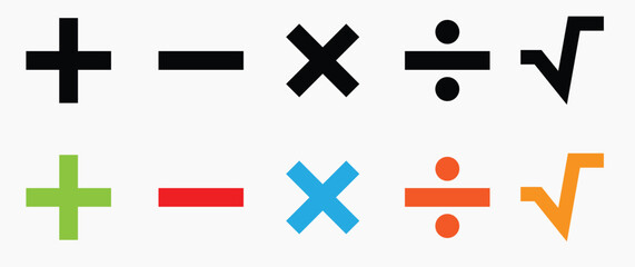 Colorful mathematical symbols including plus, minus, multiplication, division, and square root for education, science, and digital design concepts.