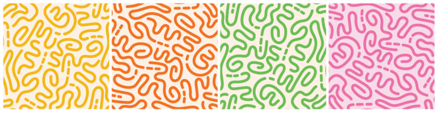 Abstract doodle pattern collection. Seamless vector background in groovy colors. Fun playful design.