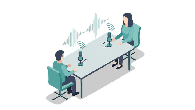 Podcast Recording Illustration. Isometric Interview Setup. Digital Audio Communication. Modern Flat Design.