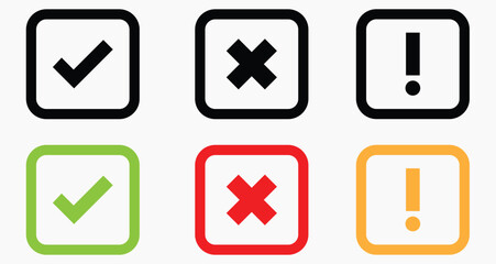 Set of graphical icons: check mark, cross mark, and exclamation mark in black and colored squares, representing options, status, and alerts. Versatile symbols for design.