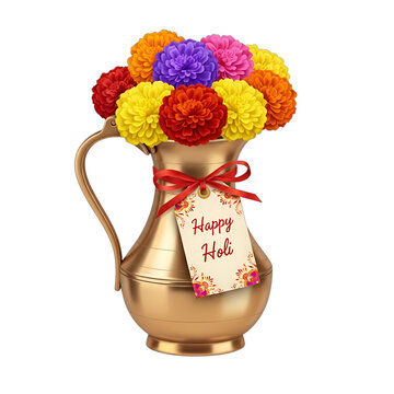 Traditional Indian brass lota with vibrant marigolds and a 'Happy Holi' tag, perfect for festive marketing, greeting cards, cultural celebrations, and spring designs.