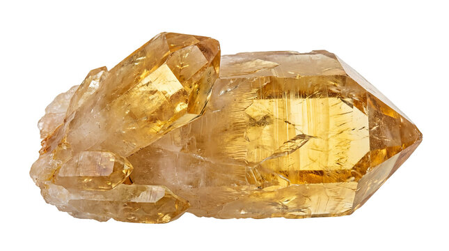 Detailed natural golden yellow citrine quartz crystal cluster isolated on transparent background