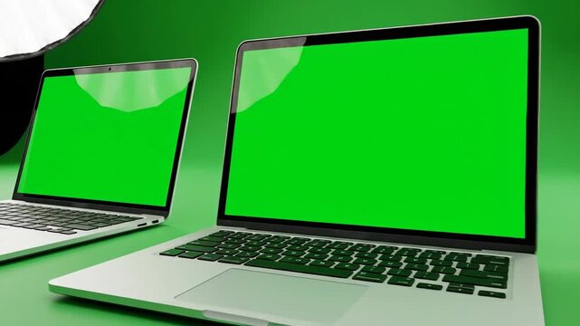 Laptop computer array with green screen for commercial or editorial use
