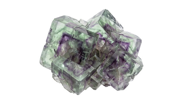 Raw beautiful natural geometric green and purple fluorite crystal mineral cluster with transparent background