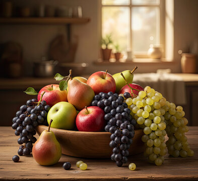 Fresh fruit bowl with apples, pears, and grapes on wooden table