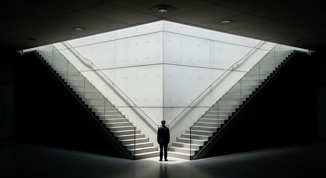 A lone figure stands between two staircases framed by strong shadows The architecture is minimalist and modern The subject pauses at the intersection Symbolic career decision concept