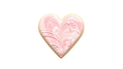 Obraz premium Delicious pink marbled heart cookie with elegant white icing isolated on transparent background