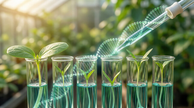 Science uses genetic engineering to develop a green sprout for sustainable farming and the preservation of nature.
