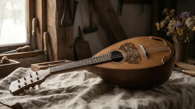 wooden mandolin placed on linen cloth in rustic studio video