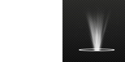 White beam of light with sparkles and glowing ring. Magic portal or spotlight effect on transparent background. © Creatmark