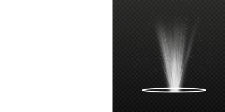 White beam of light with sparkles and glowing ring. Magic portal or spotlight effect on transparent background.