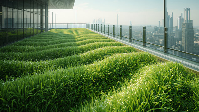 近未来の屋上で春風に連動するバイオ芝が波打つ情景