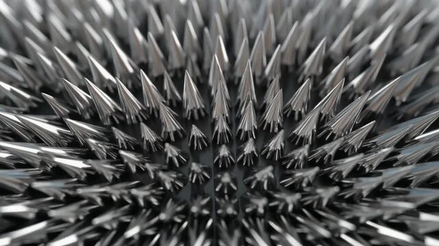 Incredible macro closeup of liquid metal ferrofluid creating sharp conical spikes structure due to a powerful magnetic field abstract science background