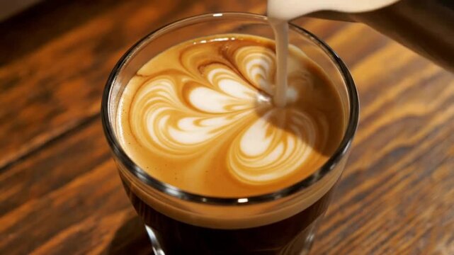 Close Up of Barista Pouring Milk into Coffee to Create Latte Art Rosetta Design
