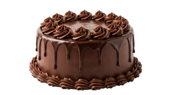 Decadent chocolate cake with rich drip frosting and swirled rosettes on transparent background