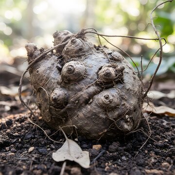 Textured brown corm or tuber with roots unearthed and resting on rich dark garden soil, bathed in natural light against a blurred green forest background.